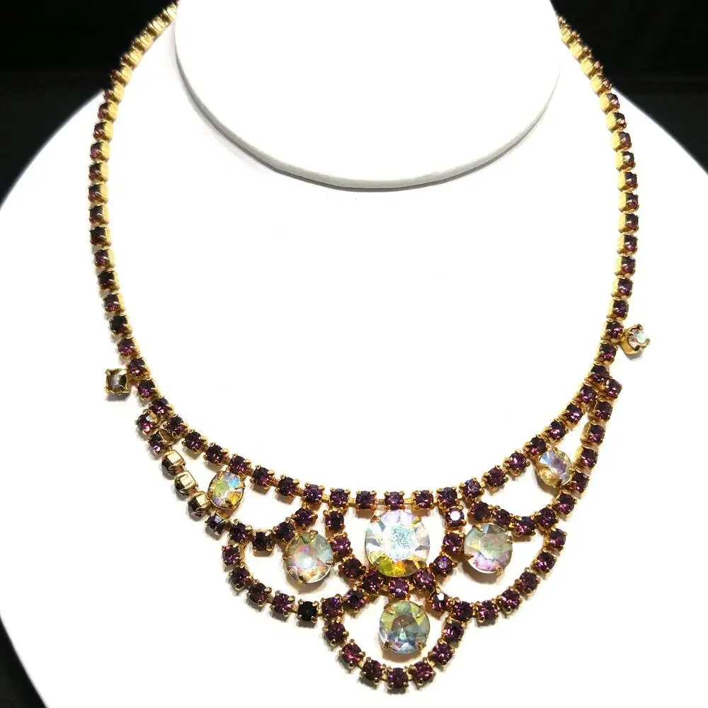 Vintage Purple AB Clear Rhinestone Choker Necklace, Gold Plated, Aurora Borealis